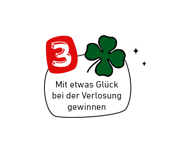 Ein Glücksblatt in der Farbe Grün und die Nummer drei in Weiß, umrandet von einem roten Kasten: 3.SchrittMit etwas Glück bei der Verlosung gewinnen.