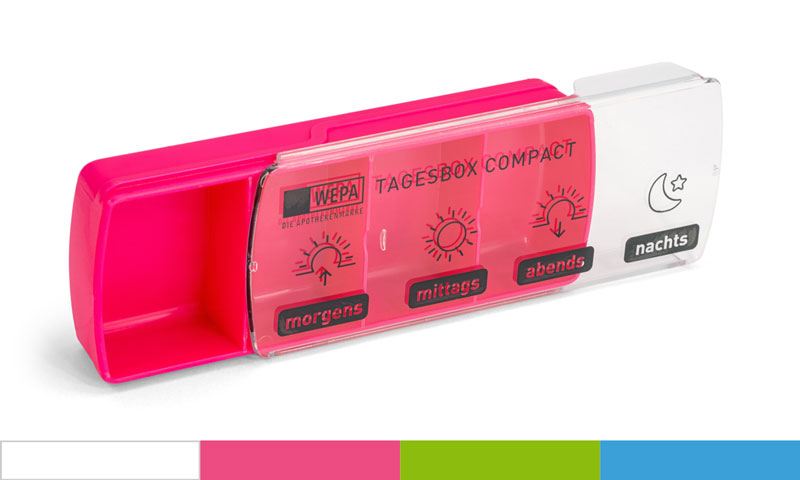 WEPA Die Apothekenmarke Tagesbox Kompakt in pink. Vier Fächer für morgens, mittags, abends und nachts.