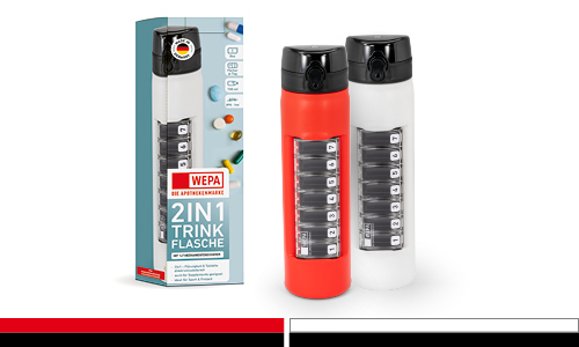 Die WEPA 2in1 Trinkflasche vereint durch den integrierten Medikamentendosierer Medikamenteneinnahme/Supplementierung und Freizeit. Sie bietet ein Fach pro Wochentag und ist in den Farben rot und weiß erhältlich.