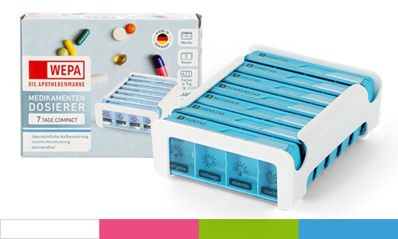 Das WEPA Die Apothekenmarke 7 Tage Compact Wochenmagazin bietet sieben einzelne Tagesboxen für eine Woche mit jeweils 4 Fächern für morgens, mittags, abends und nachts. Es eignet sich besonders für Analphabeten, Kinder, Fremdsprachler und Menschen mit Sehbeeinträchtigung, da die Fächer durch Piktogramme leicht verständlich beschriftet sind. Erhältlich ist das Compact Wochenmagazin in weiß, pink, grün und blau.