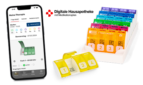Das WEPA 7 Tage Smart 4 Wochenmagazin bietet 7 Tagesboxen für eine Woche mit jeweils 4 Einnahmefächern, deren Einnahmezeit individuell über die App eingestellt werden kann.