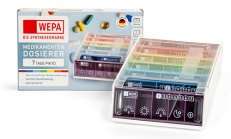 Das WEPA Die Apothekenmarke Medikamentendosierer Wochenmagazin in Regenbogenfarben macht es möglich, die Medikamente bereits für die gesamte Woche vorzubereiten. Es bietet den Medikamenten UV-Schutz und die einzelnen Boxen sind mit Wochentagen und Uhrzeiten beschriftet. Nach Gebrauch kann die leere Tagesbox wieder hinten in das Magazin geschoben werden und am darauffolgenden Tag die vorderste Box entnommen werden. Durch die Piktogramme ist die Beschriftung leicht verständlich und auch für Analphabeten, Kinder, Fremdsprachler und Menschen mit Sehbeeinträchtigung geeignet.