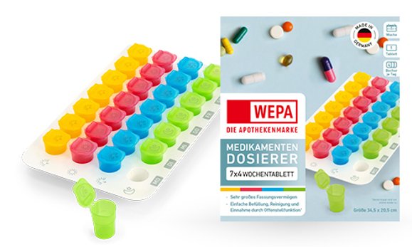 Das WEPA 7x4 Wochentablett bietet vier Einnahmebecher pro Wochentag für die gesamte Woche. Piktogramme kennzeichnen die Einnahmebecher nach ihren Einnahmezeiten morgens, mittags, abends und nachts.
