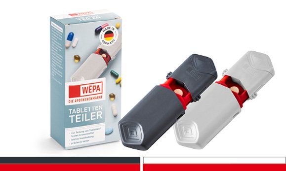 Der WEPA Tablettenteiler hilft dabei, Tabletten und feste Arzneiformen zu zwerteilen. Erhältlich in den Farben anthrazit/rot und weiß/rot.
