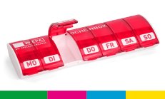 Die WEPA 1x7 Wochenbox ist farbig sortiert in grün, pink, blau und gelb erhältlich und schützt die Medikamente vor UV-Strahlen. Sie bietet ein Fach pro Wochentag.