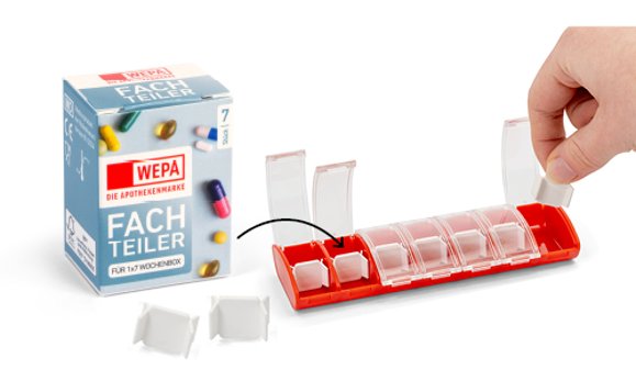 WEPA 1x7 Fachteiler Der WEPA 1x7 Fachteiler bietet die Möglichkeit, die Fächer der WEPA 1x7 Wochenboxen in zwei Einnahmezeiten zu trennen.