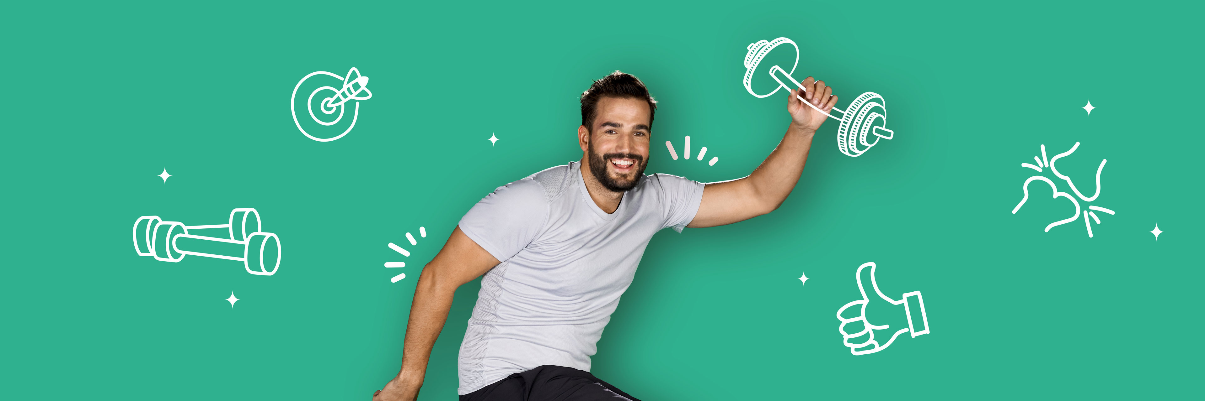 WEPA Pferdesalbe Header Grüner Hintergrund, weiße Icons, ein Mann der hochspring und eine Hantel in der Hand hält