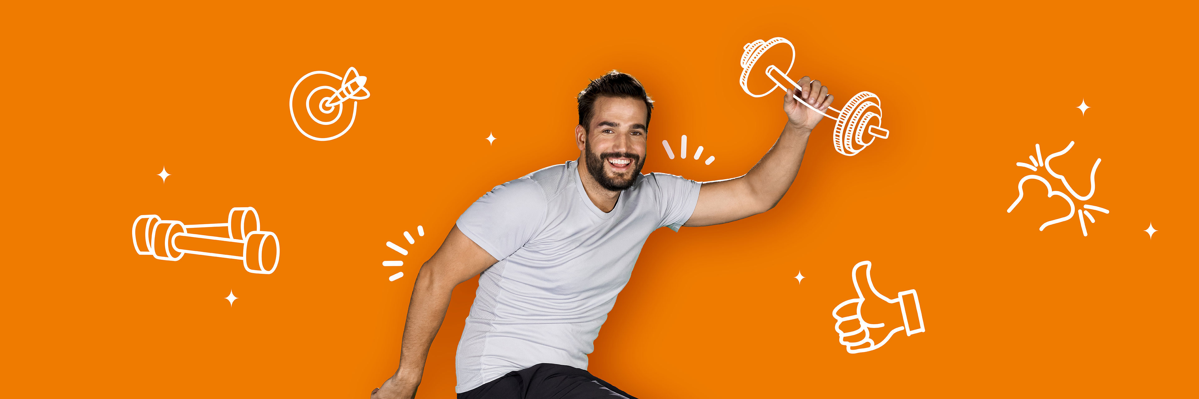 Oranger Hintergrund und weiße Icons. Ein Mann hält eine Hantel in die Luft