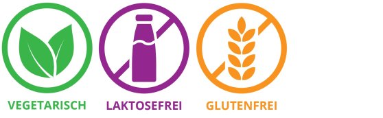 Abzeichen Laktosefrei in lila mit durchgestrichener Milchkanne und Glutenfrei in orange mit durchgestrichenen Weizenzeichen. Vegan ist in grün mit zwei Blättern dargestellt, sowie zuckerfrei in blau mit einem durchgestrichenen Zuckerwürfel