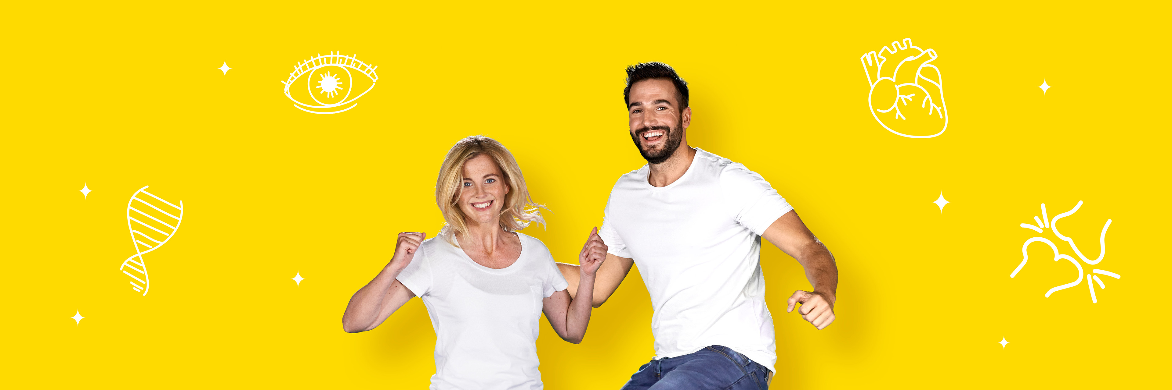 Hintergrund Nahrungsergänzungsmittel Gelber Hintergrund mit weißen Icons und ein Mann und eine Frau in einem weißen T-Shirt springen freudig in die Luft.