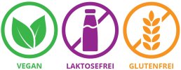Abzeichen Laktosefrei in lila mit durchgestrichener Milchkanne und Glutenfrei in orange mit durchgestrichenen Weizenzeichen. Vegan ist in grün mit zwei Blättern dargestellt, sowie zuckerfrei in blau mit einem durchgestrichenen Zuckerwürfel