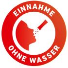 Kreisrundes Abzeichen in rot mit einem roten Kopf in der Mitte der sich ein Immun Direct Stick in den Mund schüttet