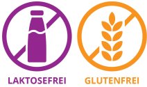 Lila Kreis mit einer lila Milchkanne durchgestrichen für Laktosefrei und ein oranger Kreis mit einem organgen Weizenhalm durchgestrichen für glutenfrei