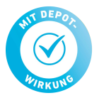 blaues Abzeichen mit Haken und dem Schriftzug mit Depot Wirkung