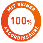 Abzeichen in Orange mit einer 100% Aufschrift und dem Schriftzug mit reiner Ascorbinsäure