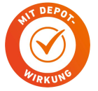 Oranges Abzeichen mit orangen Haken und dem Schriftzug mit Depot Wirkung