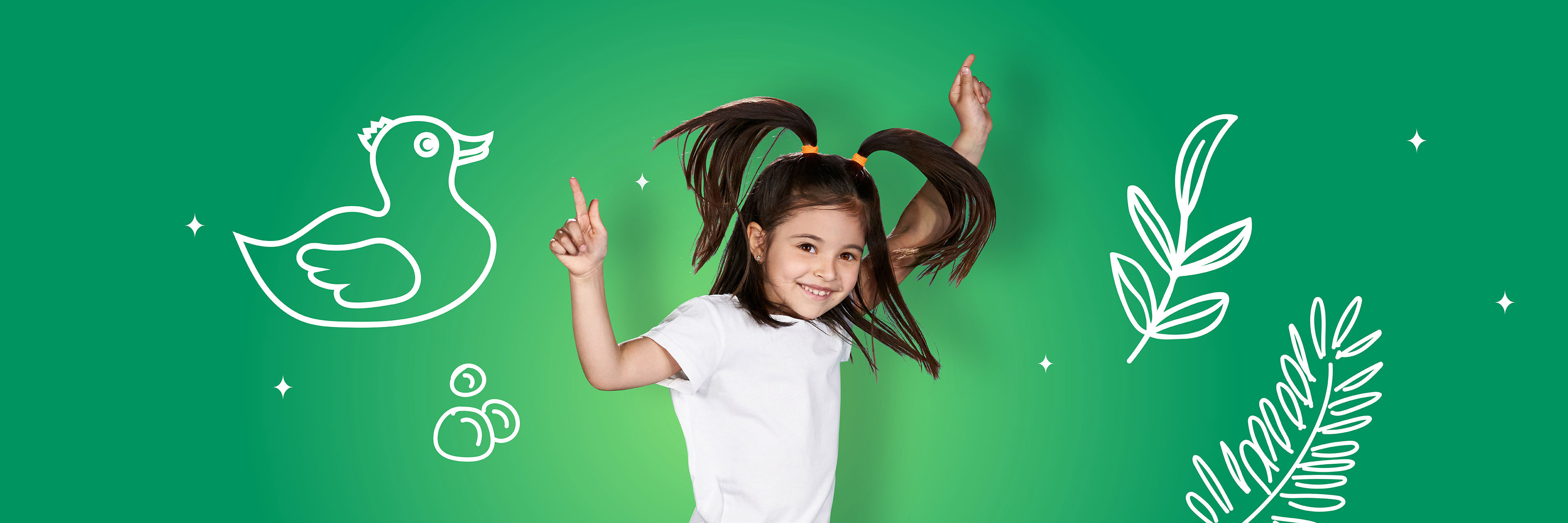 Grüner Hintergrund mit weißen Icons und einem Mädchen das in die Luft springt