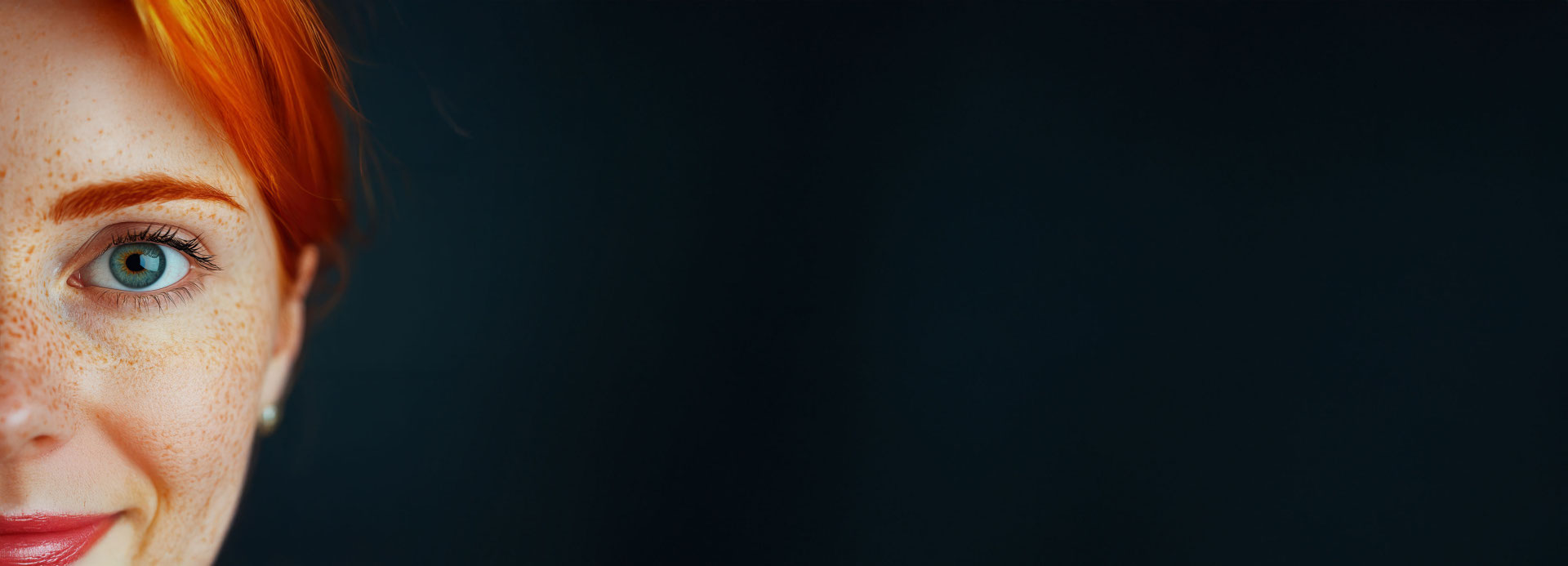 Close-up of a human eye showcasing vibrant color and freckles, emphasizing natural beauty and emotion against a dark background. Close-up of a human eye showcasing vibrant color and freckles, emphasizing natural beauty and emotion against a dark background.